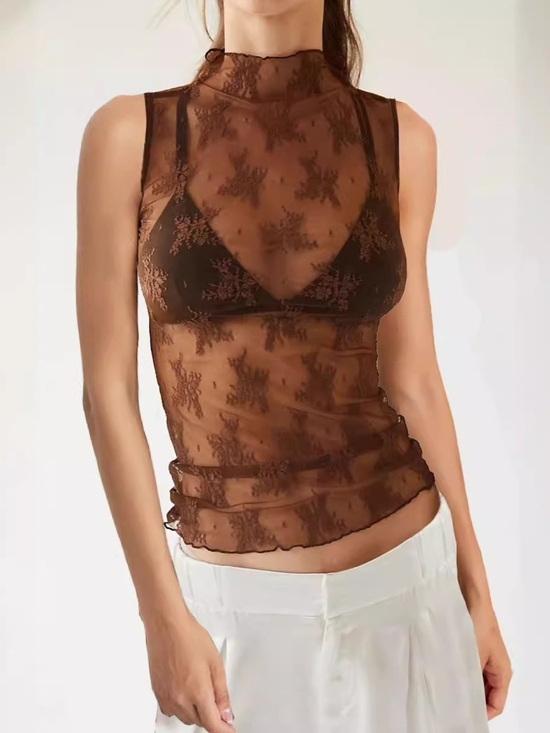 Just Jen Tops - Floral Sheer Brown Lace Mock Neck Tank Top